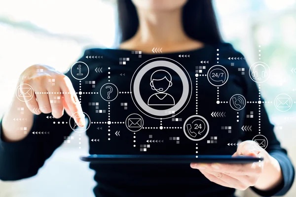 diagram of a process and icons with woman pointing to one